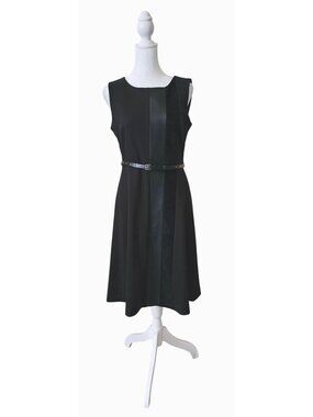Calvin Klein Black Sleeveless A-Line Dress W/Faux Leather/Suede 4 Evening Party